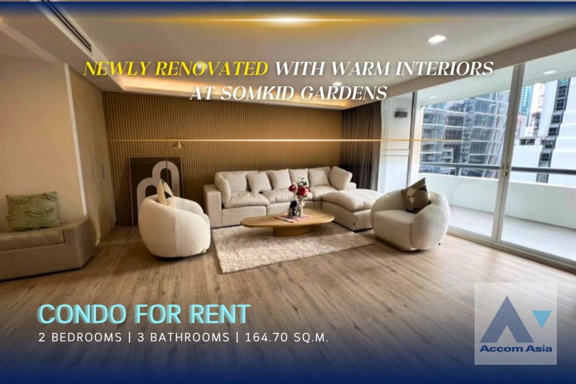 Fully Furnished, Newly renovated |  Somkid Gardens Condominium  2 Bedroom for Rent BTS Chitlom in Ploenchit Bangkok
